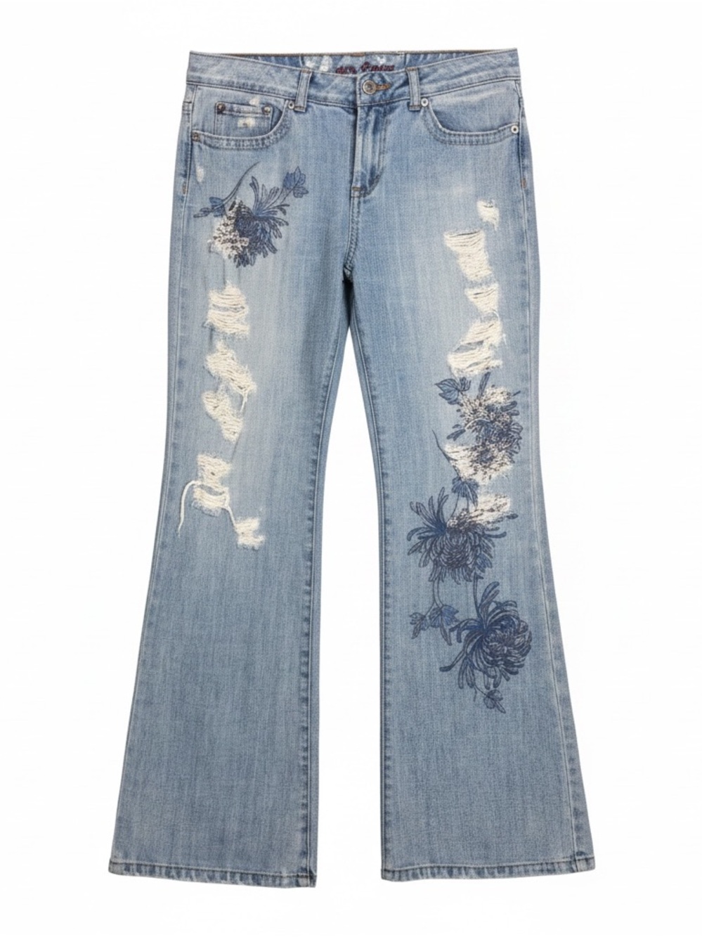 Candie's Light Blue Embroidered Distressed Flare Jeans